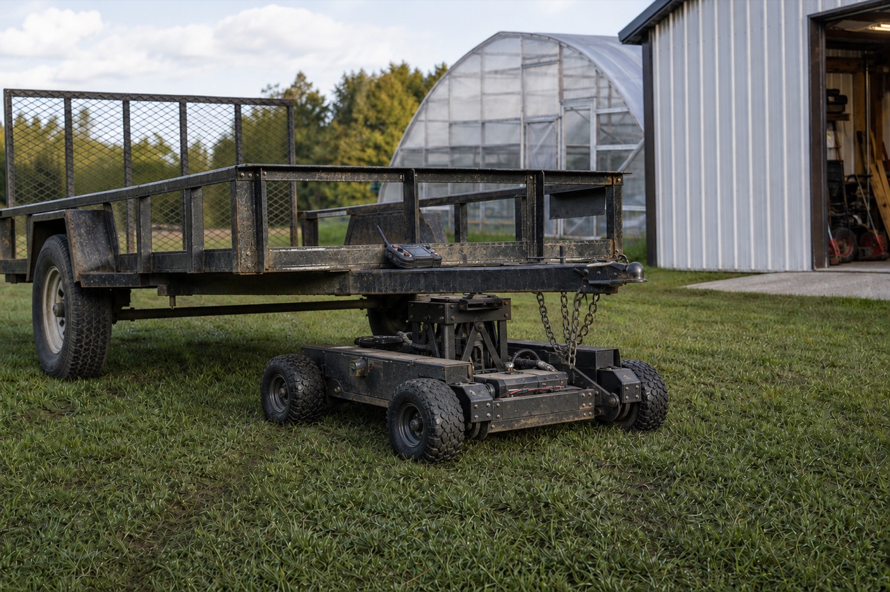 Low battery-powered remote equipment mover lifting a utility trailer from beneath its hitch in a farm yard