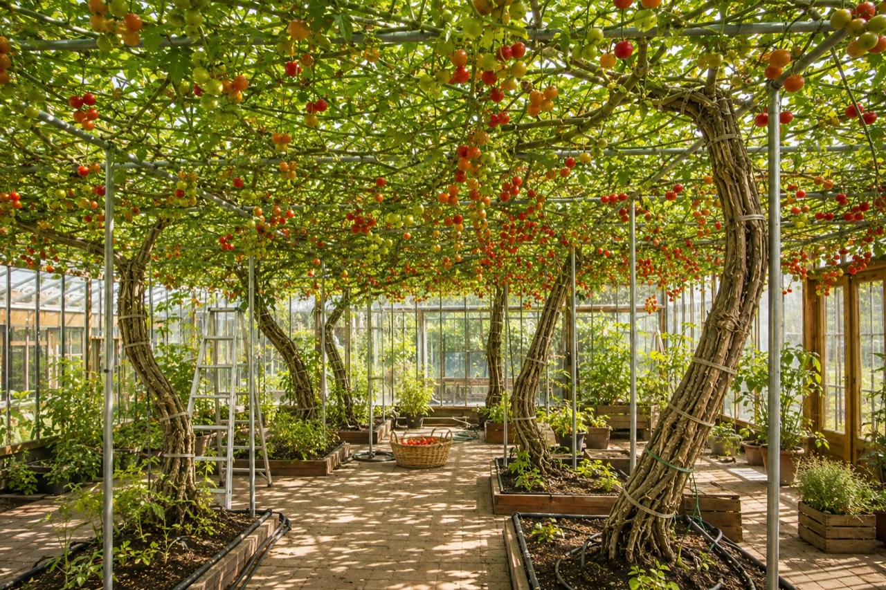 Massive perennial tomato trunks spreading into a fruiting overhead trellis canopy inside a bright greenhouse