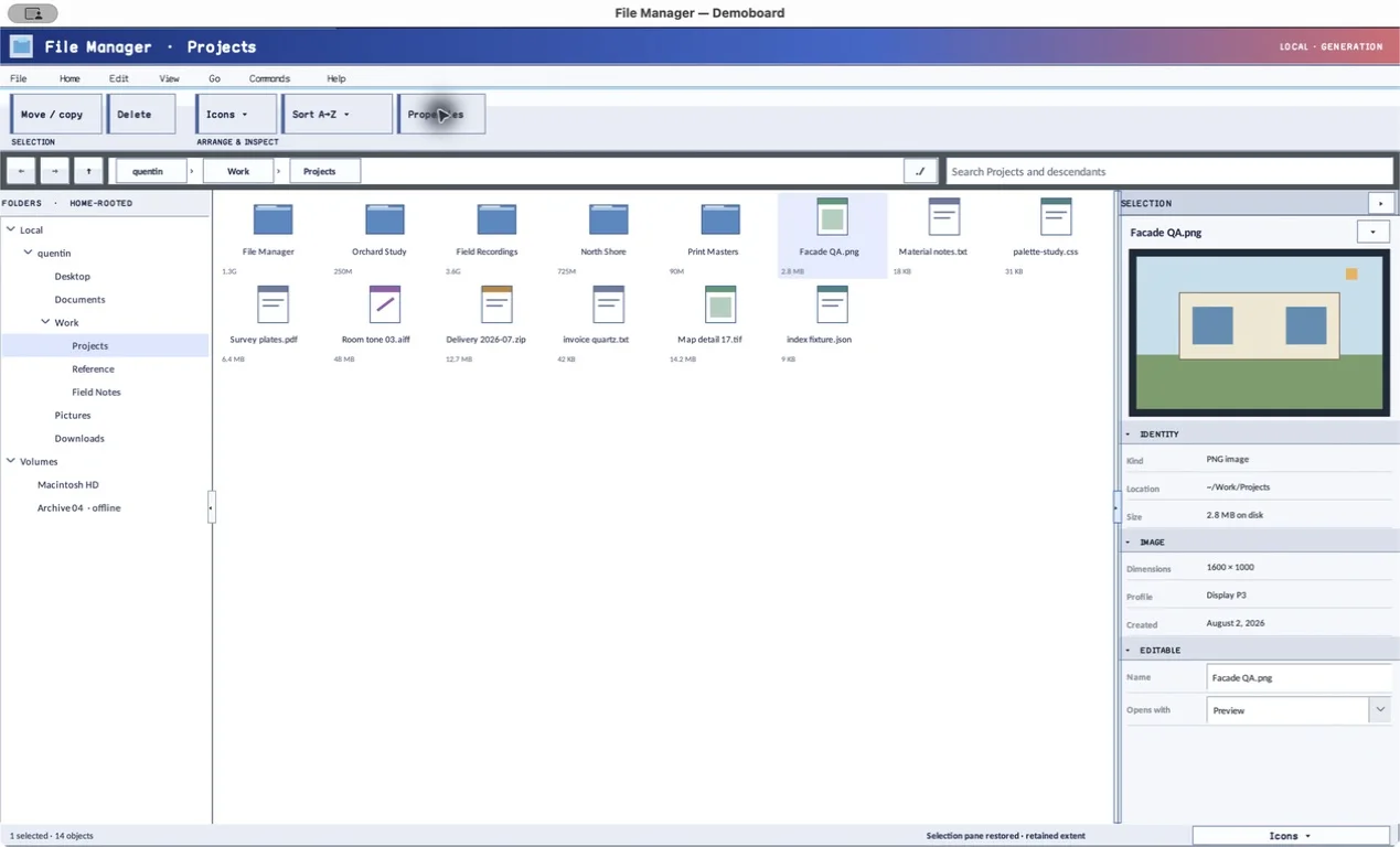Native File Manager with restored selection and editable property panel