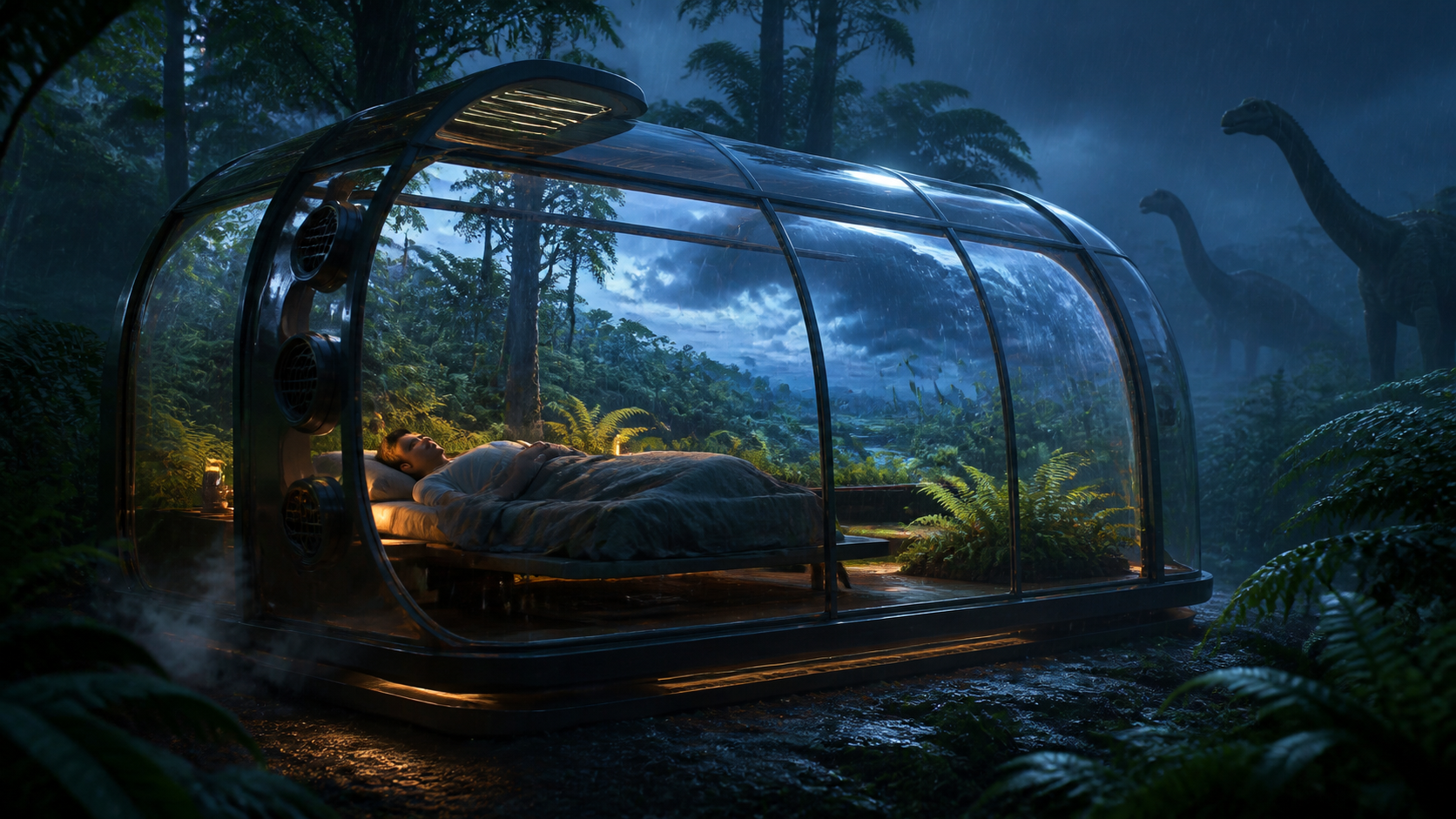 Outside view of a sleeper on a bed inside a greenhouse-shaped pod with a slightly transparent cover, surrounded by a projected Jurassic forest with dinosaurs, rain, vents, and sensory hardware