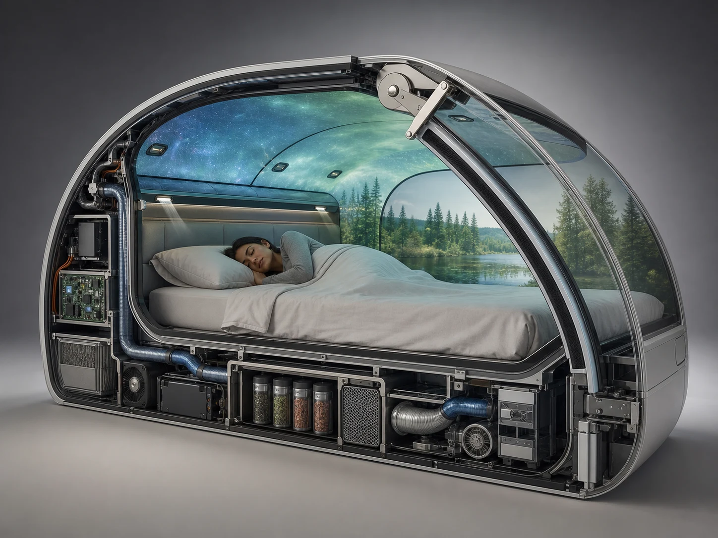 Industrial-design cutaway of the sleeping pod showing the panoramic inner display, ventilation, scent cartridges, service hardware and manual canopy release