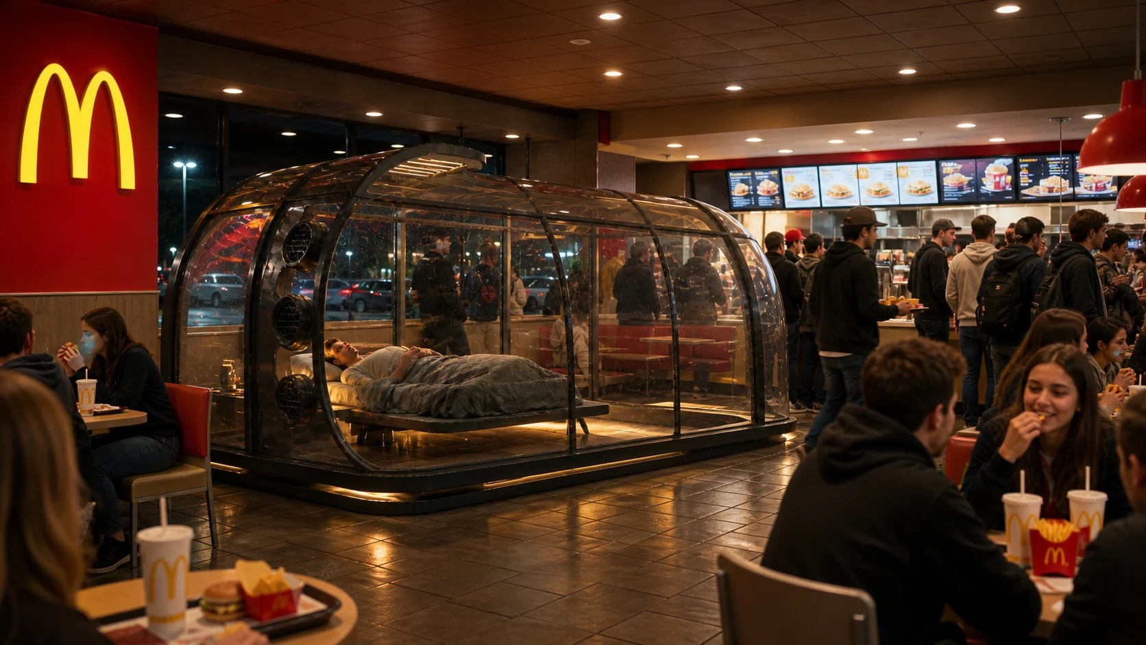 Transparent sleeping pod inside a busy McDonald's while customers order food, carry trays, and eat around it