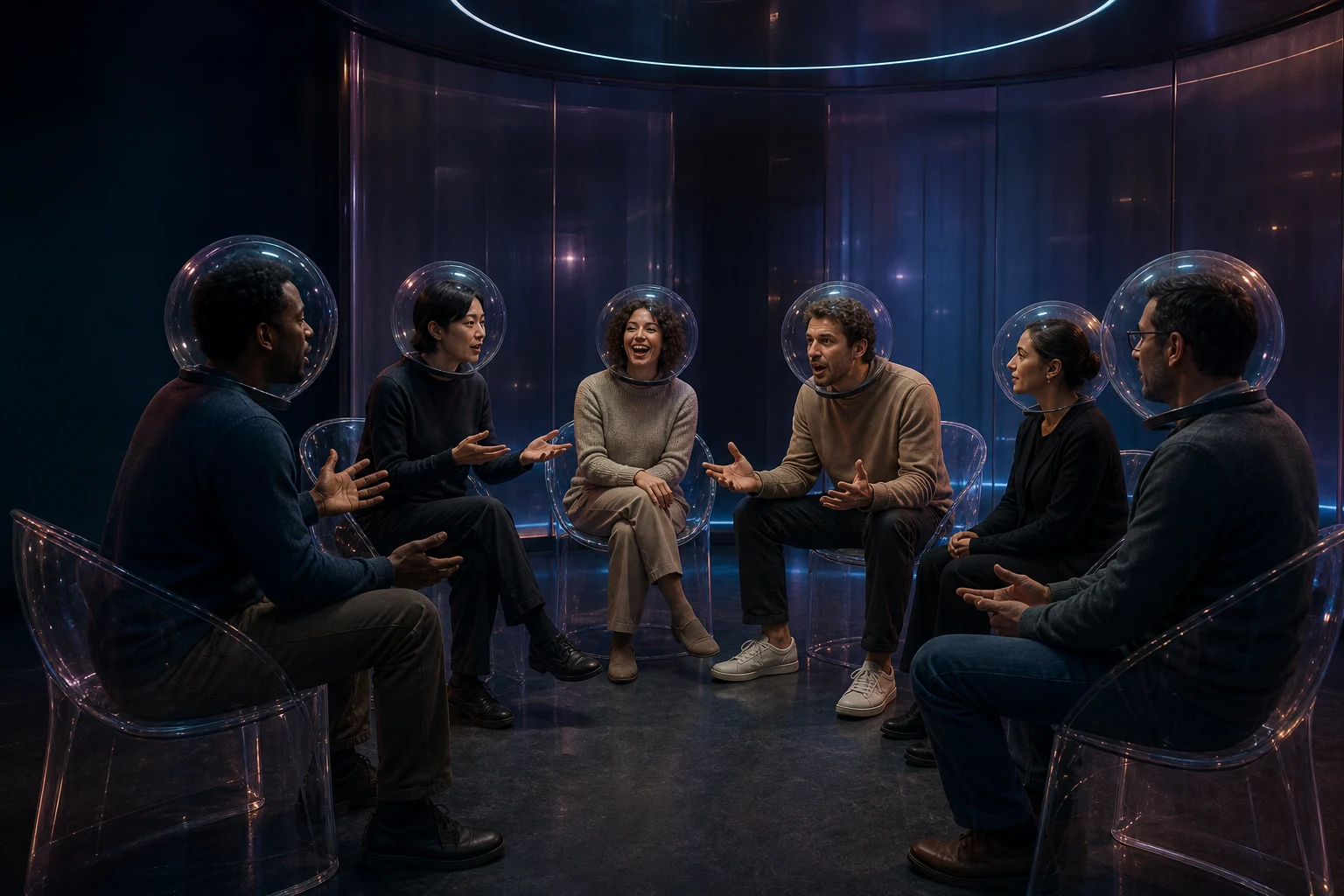 Six people wearing identical clear helmets sit as equals in a circular conversation room