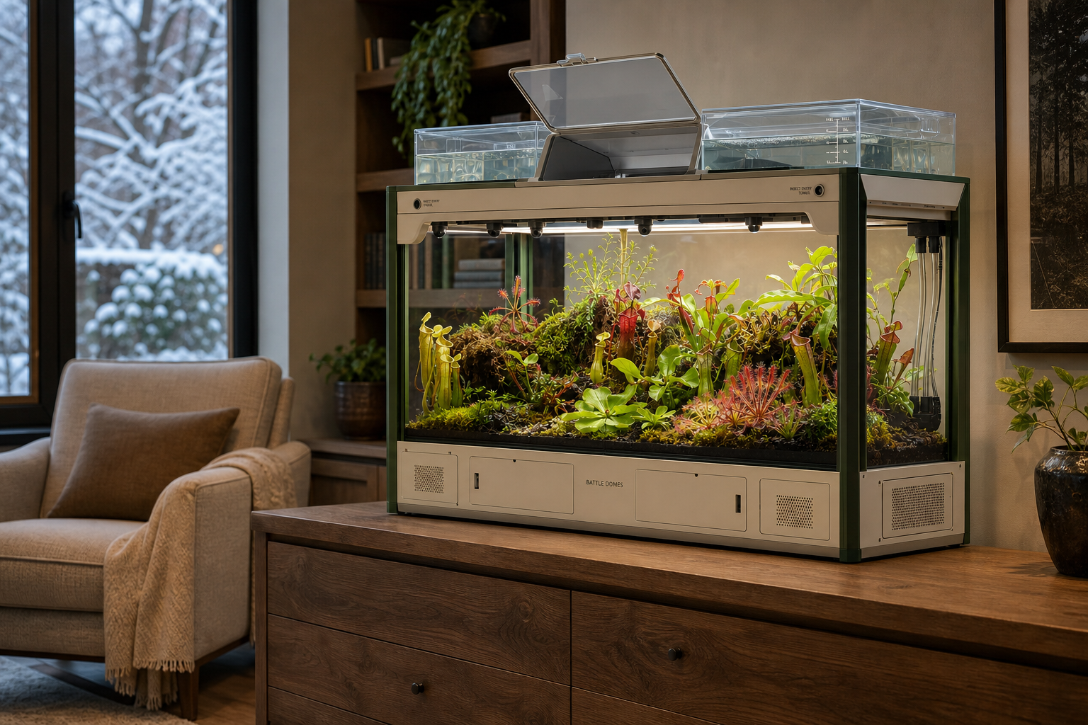 Large rectangular lighted Battle Domes appliance with full-width grow lights, a top water tank and service compartments in a winter home