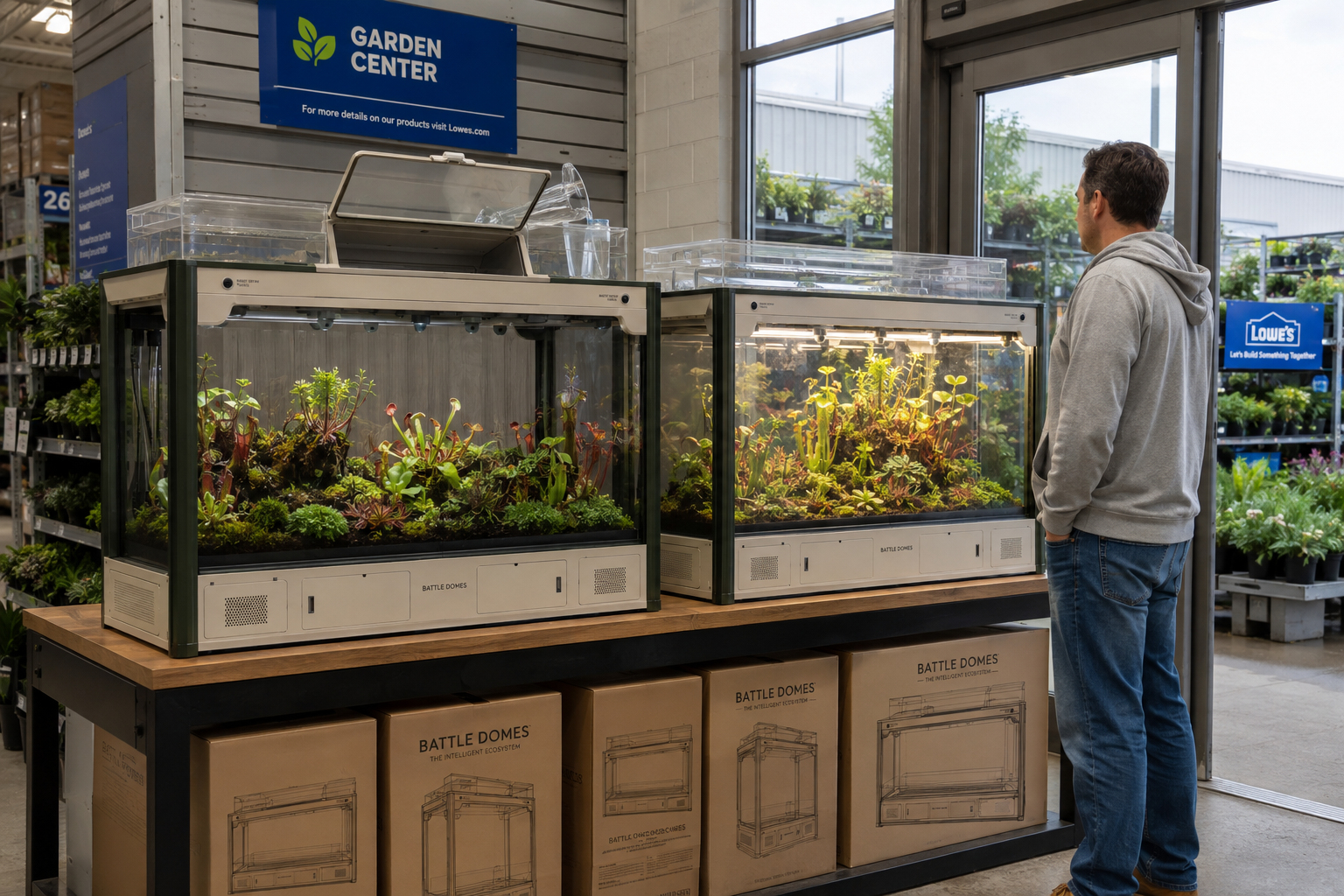 Battle Domes concept display inside Lowe’s garden section beside the doors leading to the outdoor garden area, with live planted units and boxed planters