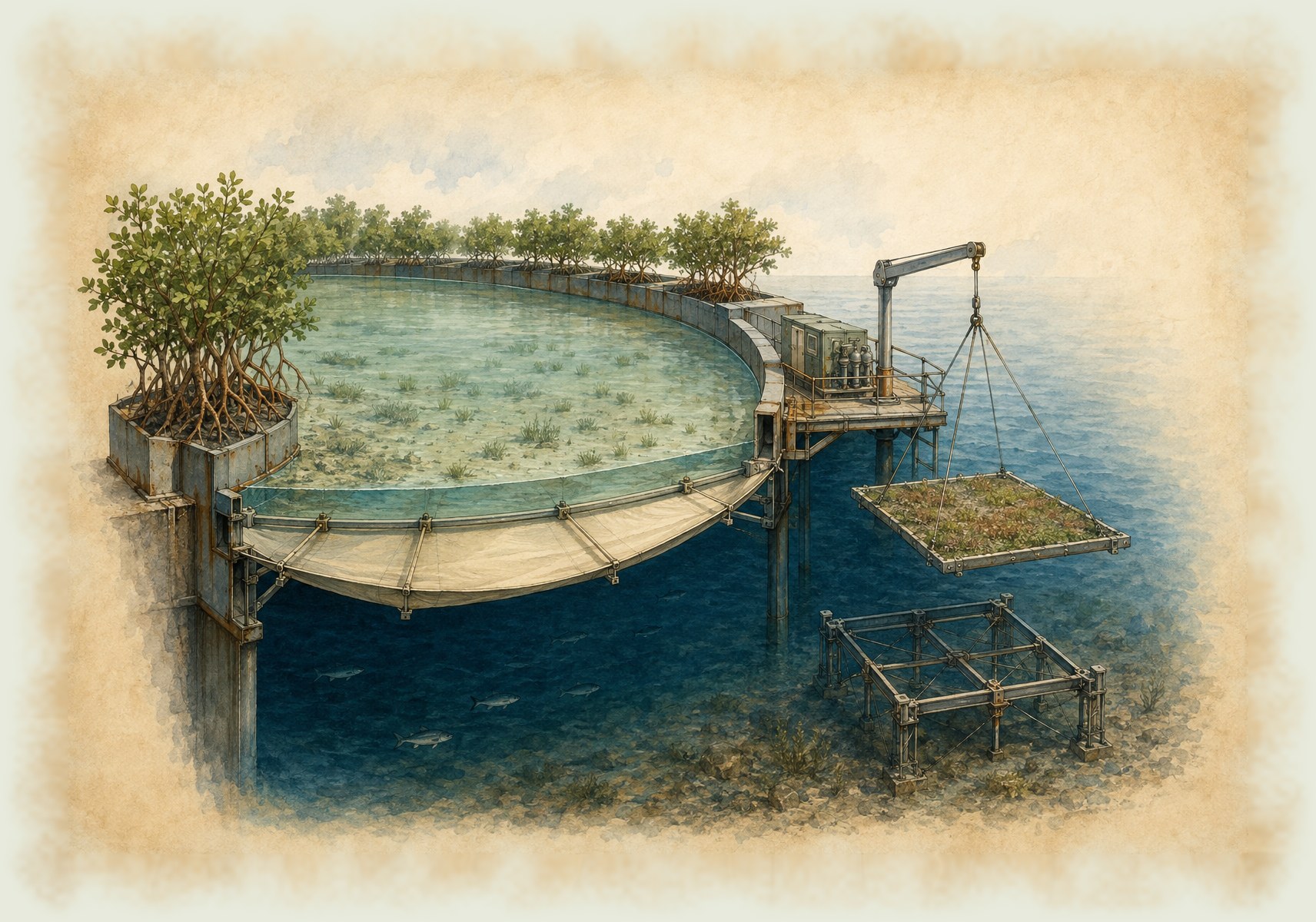 Sectional concept of a shallow wet cell, perimeter planters, a panel-lifting platform, and a separate seabed skeleton