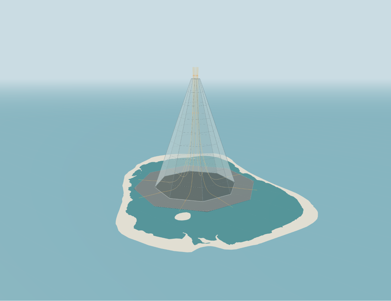 Geometrically scaled octagonal fabric mountain and floating skirt inside Clipperton’s mapped lagoon.