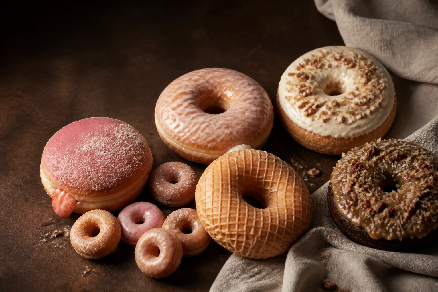 An abundant bakery spread of six imagined donuts in strawberry, glazed, miniature, waffle-cone, sponge-cake, and German-chocolate forms