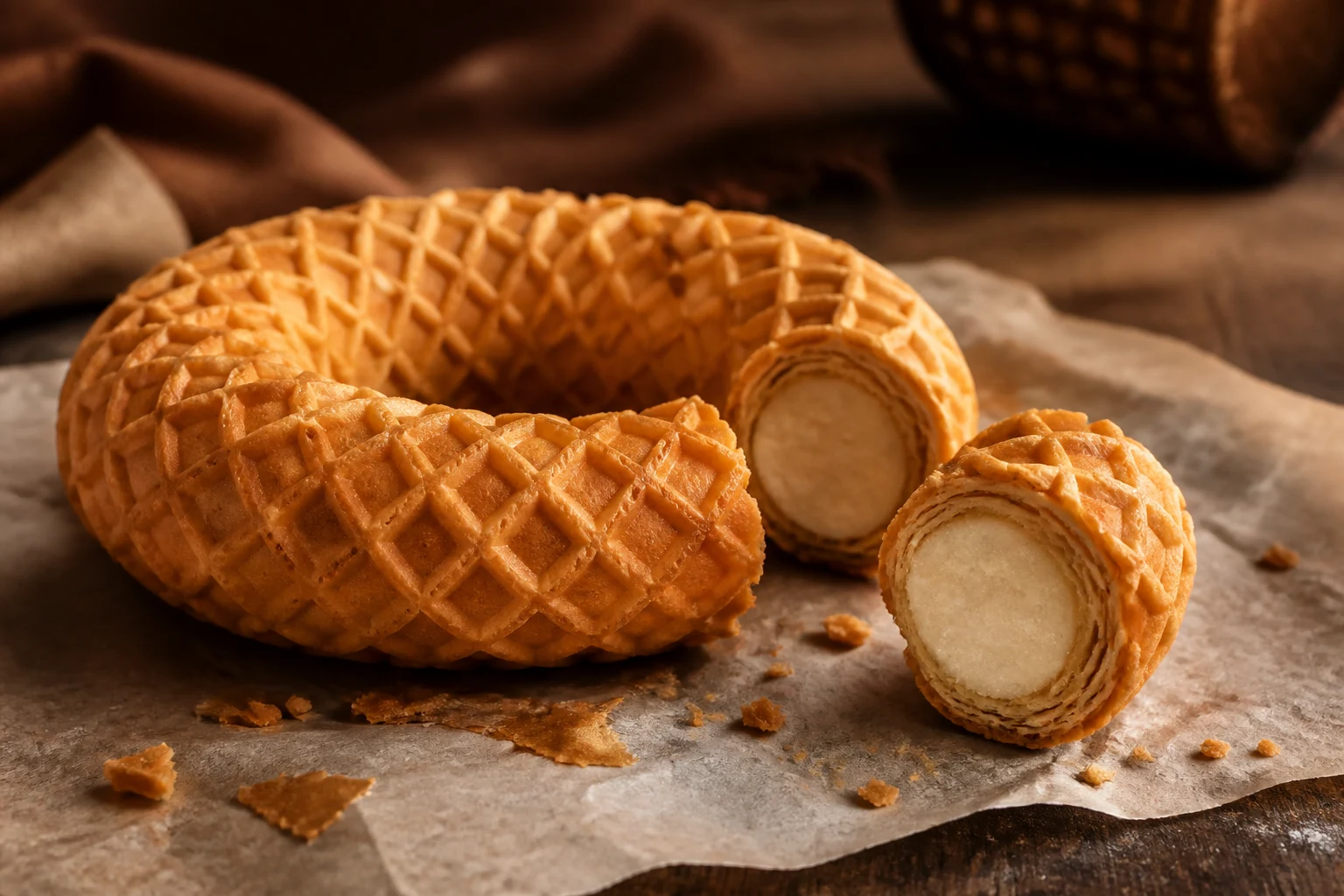 A crisp waffle-cone ring and a cut piece revealing a firm, moisture-free vanilla filling