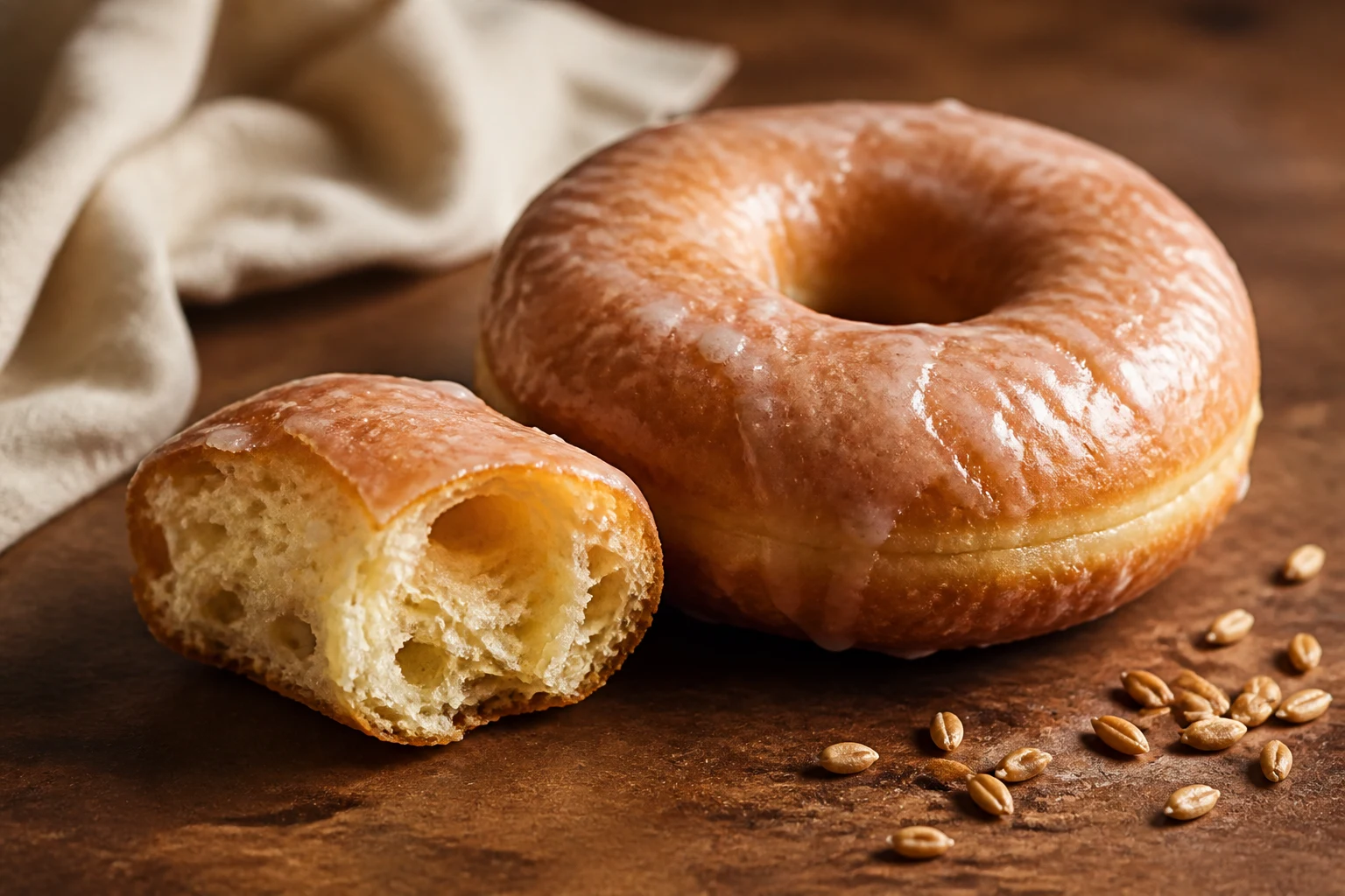 A glossy golden yeast ring with a torn piece showing an airy, lightly rustic farro crumb