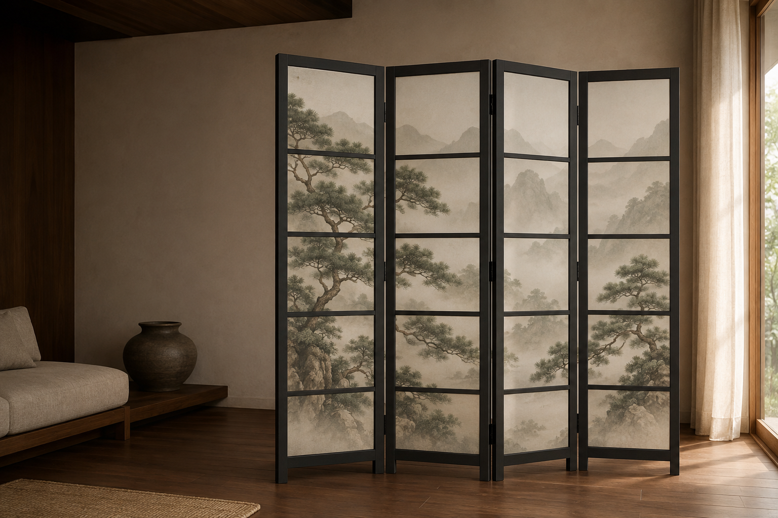 Black four-leaf e-shoji concept in a quiet living room, with a misty pine landscape spanning its matte display squares