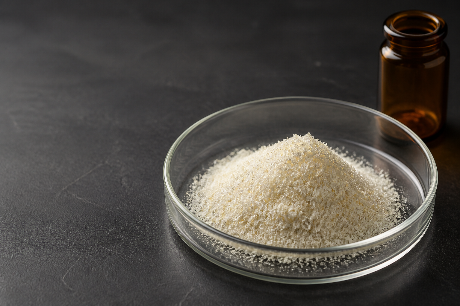 Artist's visualization of an off-white crystalline research powder in a watch glass beside an unlabeled amber vial