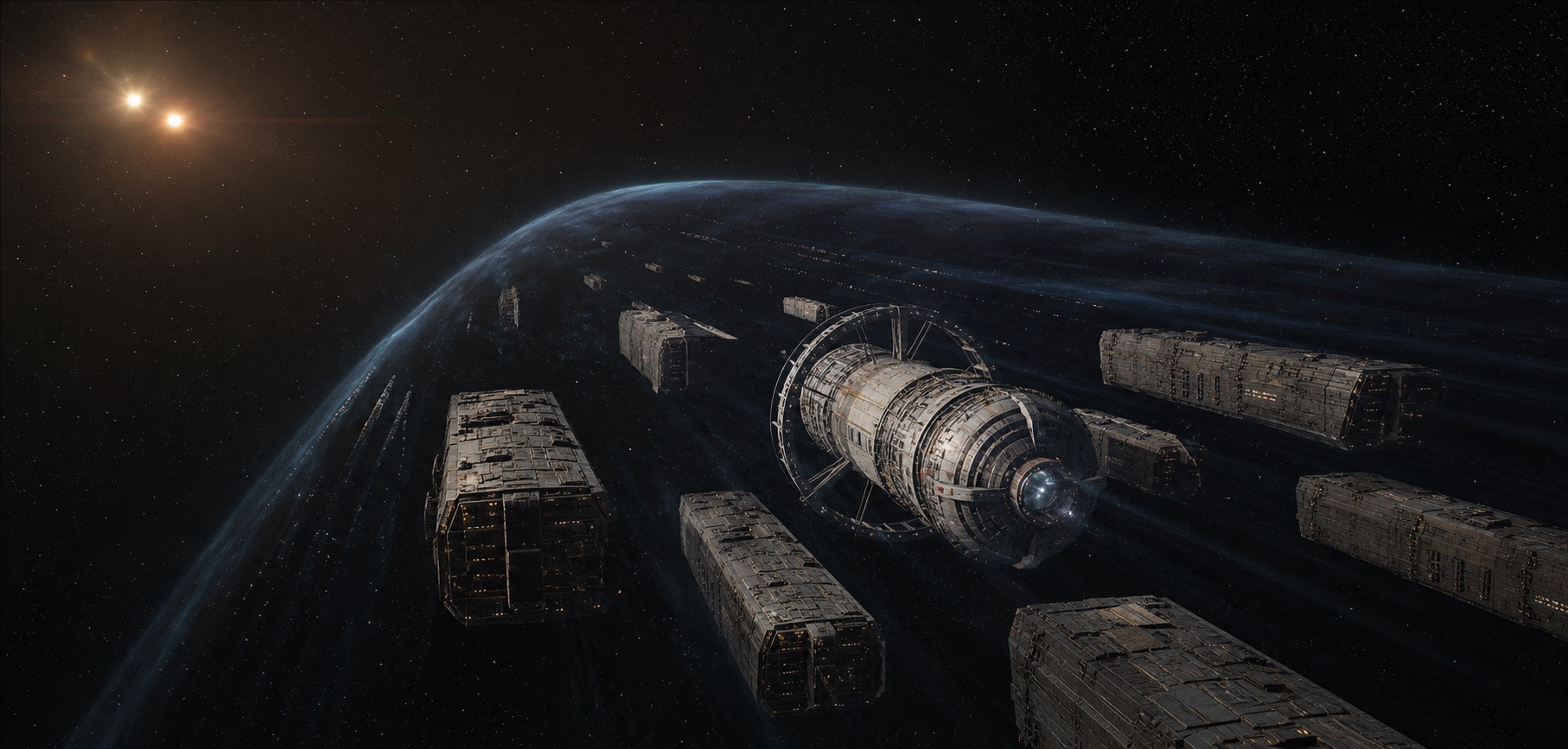 Concept illustration of a rotating interstellar habitat flying within a formation of large rectangular shield craft toward two distant stars