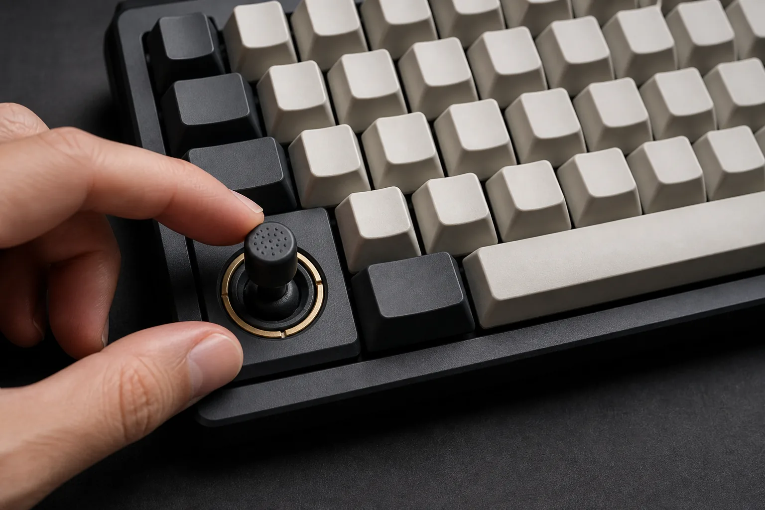 Concept rendering of a small tactile directional lever integrated into the lower-left area of a keyboard