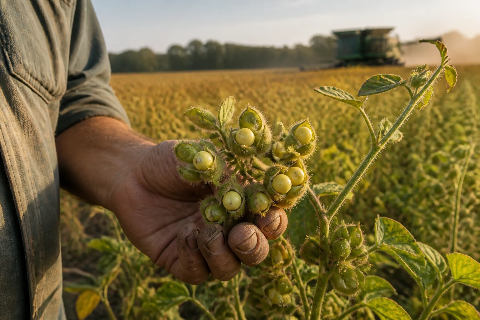A farmworker holds an unfamiliar oil-bearing crop against a softly blurred field