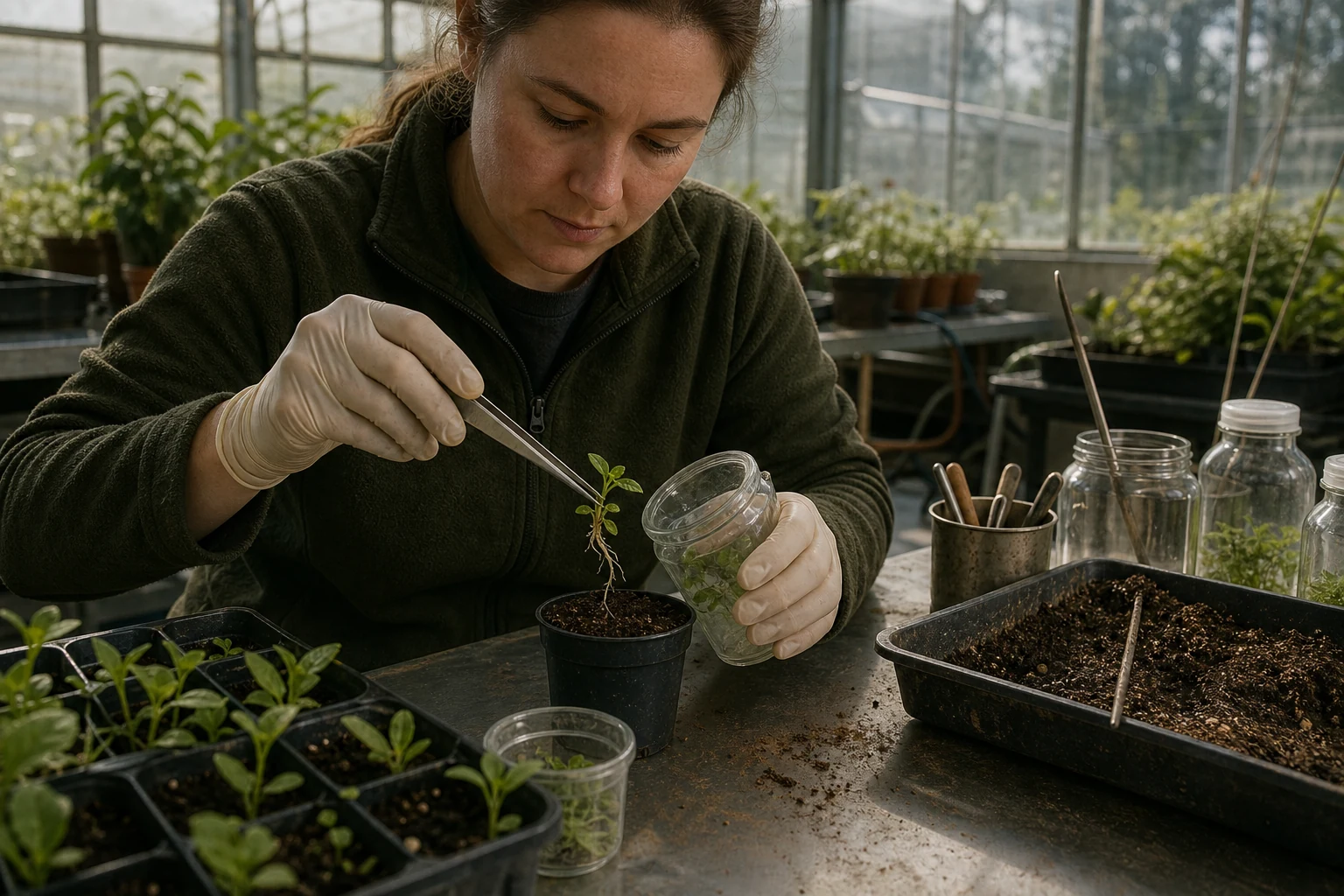 A researcher transfers a regenerated plantlet in a working greenhouse laboratory