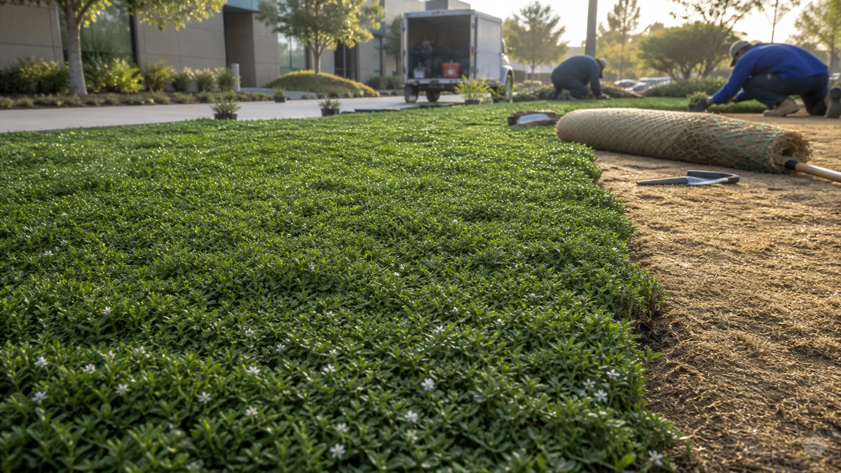 A landscaping crew establishes a dense Kurapia groundcover beside a commercial walkway