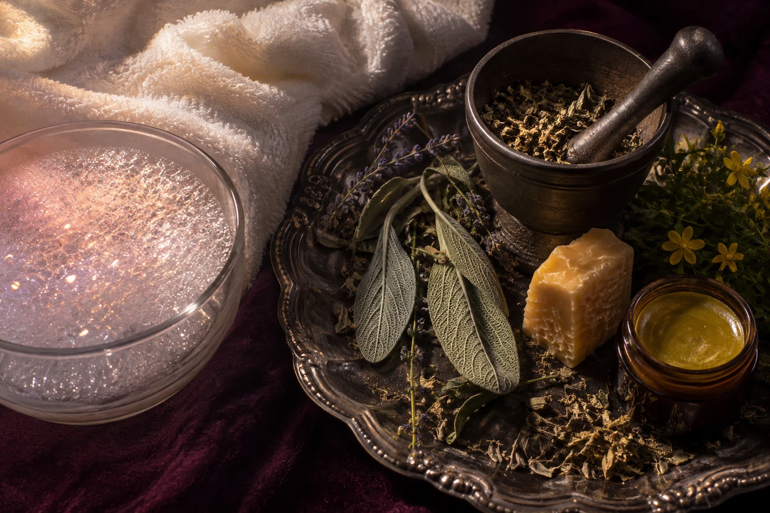 Bubble-bath foam in dawn light beside crushed sage, St. John's wort, lavender, beeswax and a jar of bitter herbal balm