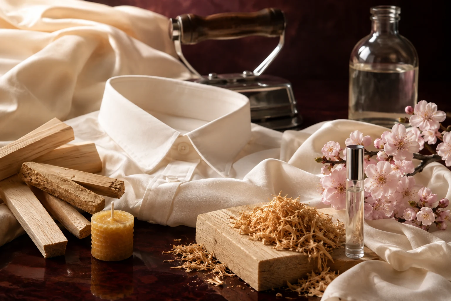 Wood, an unlit candle, a pressed shirt, hinoki shavings and pale blossoms on ivory cloth.