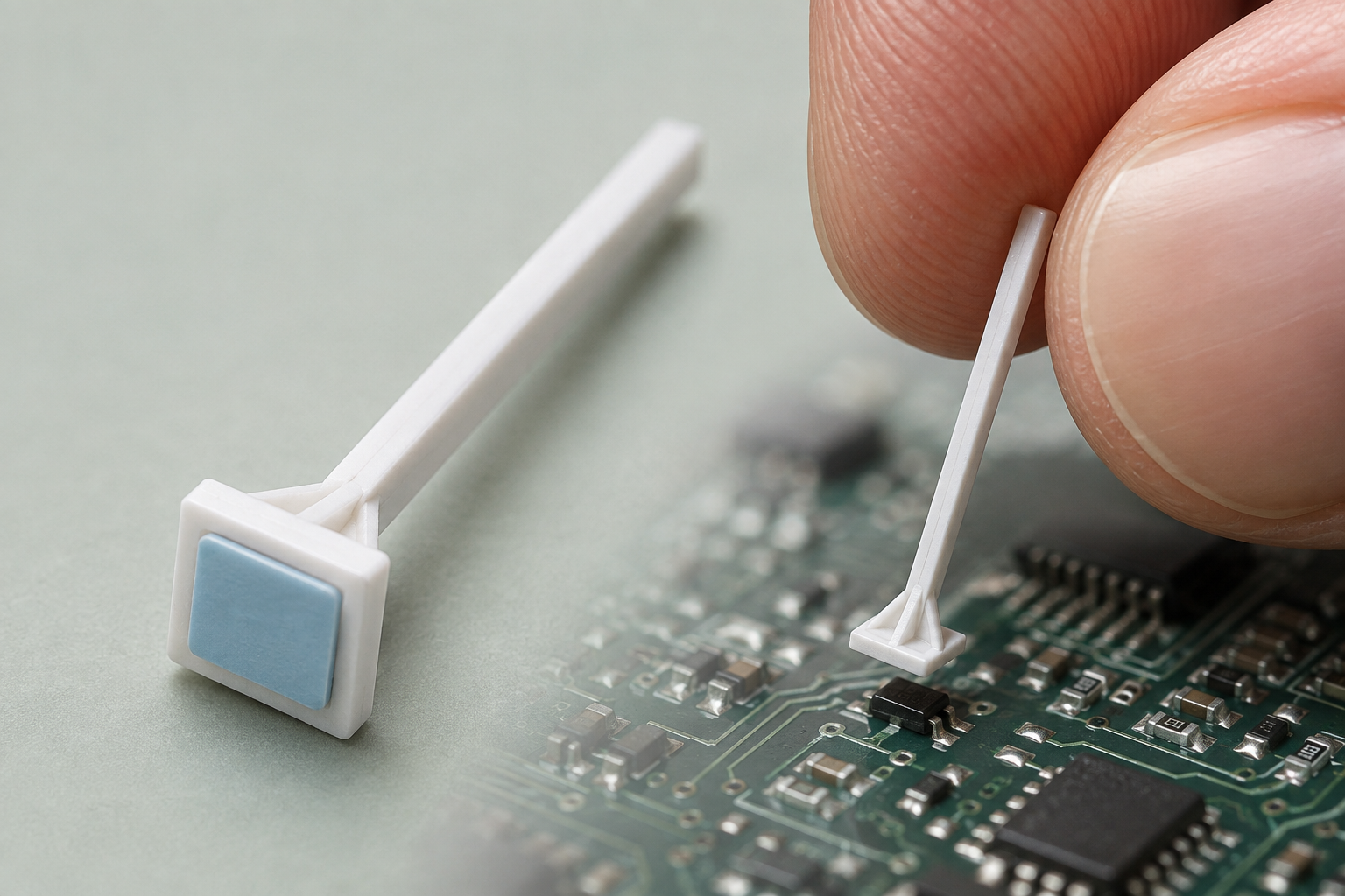 Macro concept illustration of a tiny white placement pick with a square foot, reinforcing ribs and an adhesive pad, beside a second pick held over a circuit board