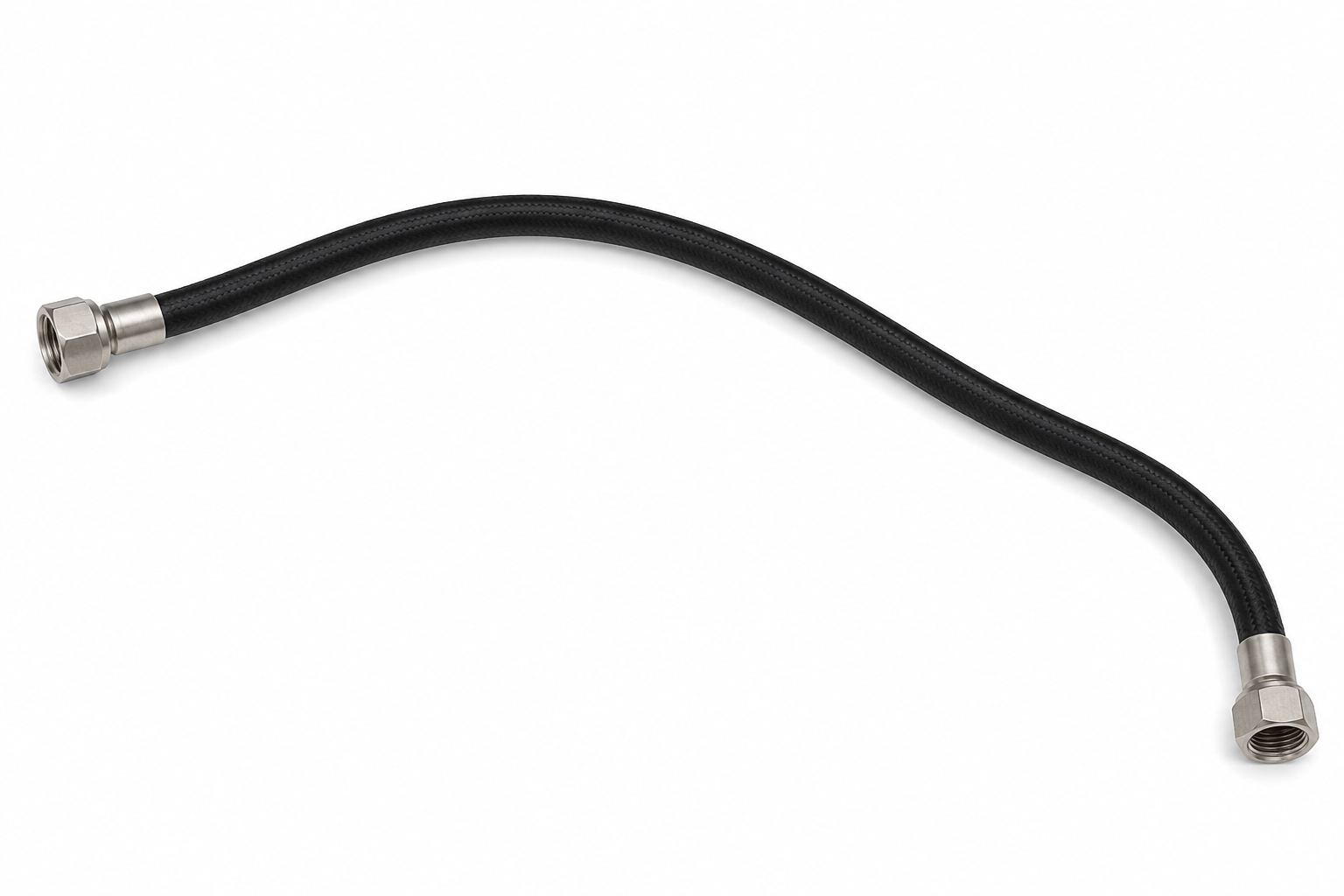 Single flexible black hose with metal end fittings.