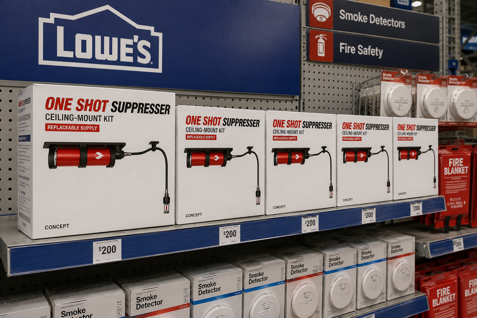Retail concept of One Shot Suppresser ceiling-mount kit boxes in a Lowe’s fire-safety aisle with a $200 shelf tag. Each box depicts the horizontal red bottle and hanging guided hose.