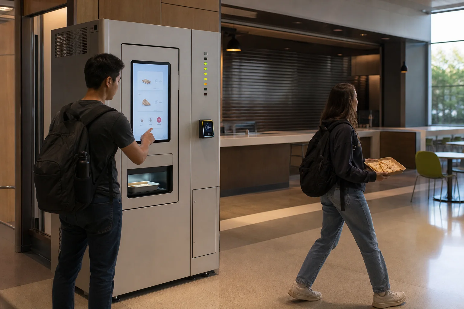 A student ordering at a realistic quesadilla vending machine while another walks away with a hot tray