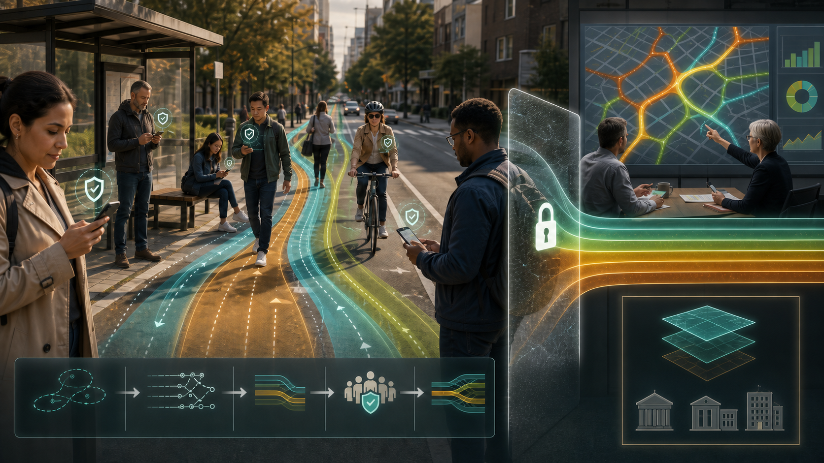 Verified phone users sharing persistent neighborhood route corridors without live-location dots, with protected aggregated route bands flowing onward to traffic and civic planning analysis