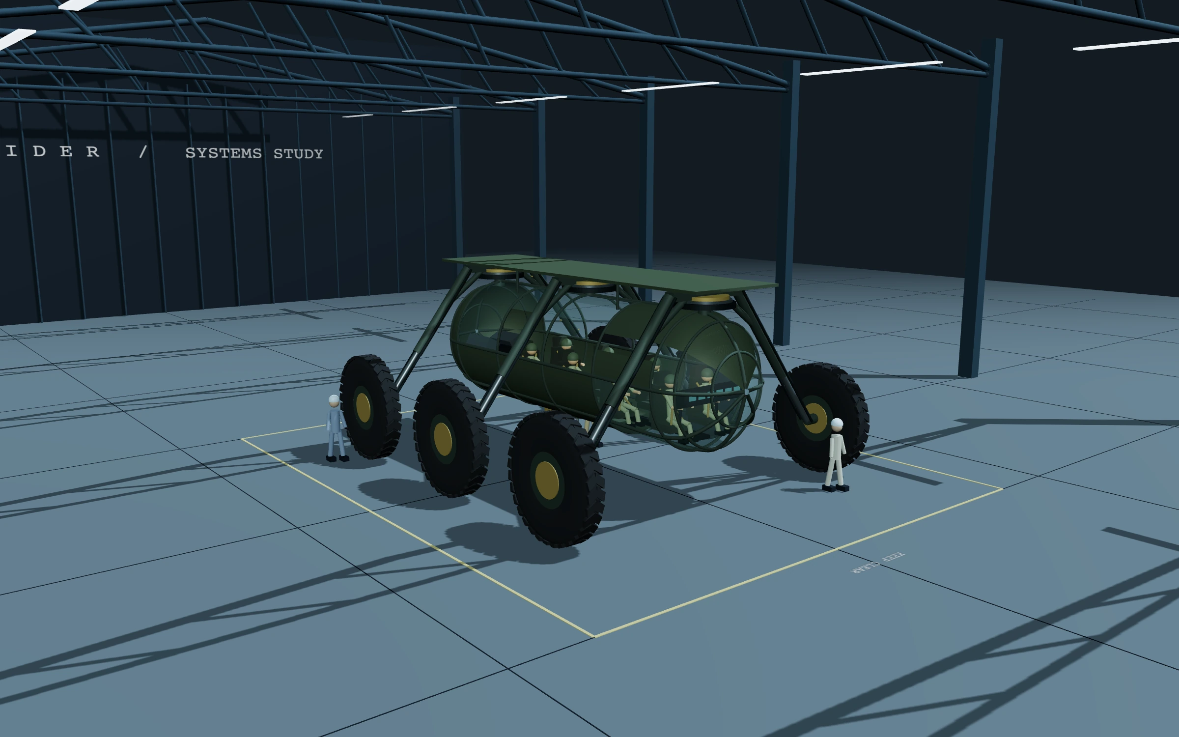 The six-wheel Spider in a steel-trussed hangar, lowered for boarding, with crew members beside its large narrow tires.