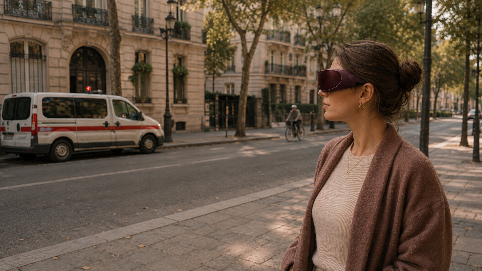 A woman wearing the camera visor observes a parked emergency vehicle from the pavement