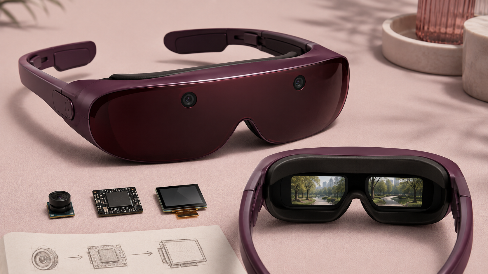 Concept of an opaque burgundy camera visor with paired forward cameras and internal binocular displays