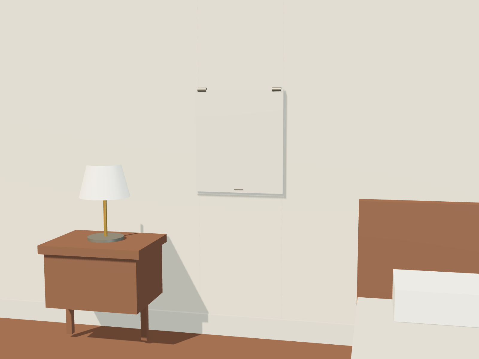 Computer-rendered bedroom with a quiet pearl-colored service cover recessed in the wall between the bedside table and bed.
