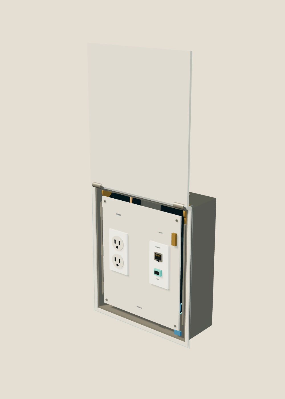 Cover folded upward through 180 degrees; the outlet and data panel has moved forward to the wall plane.