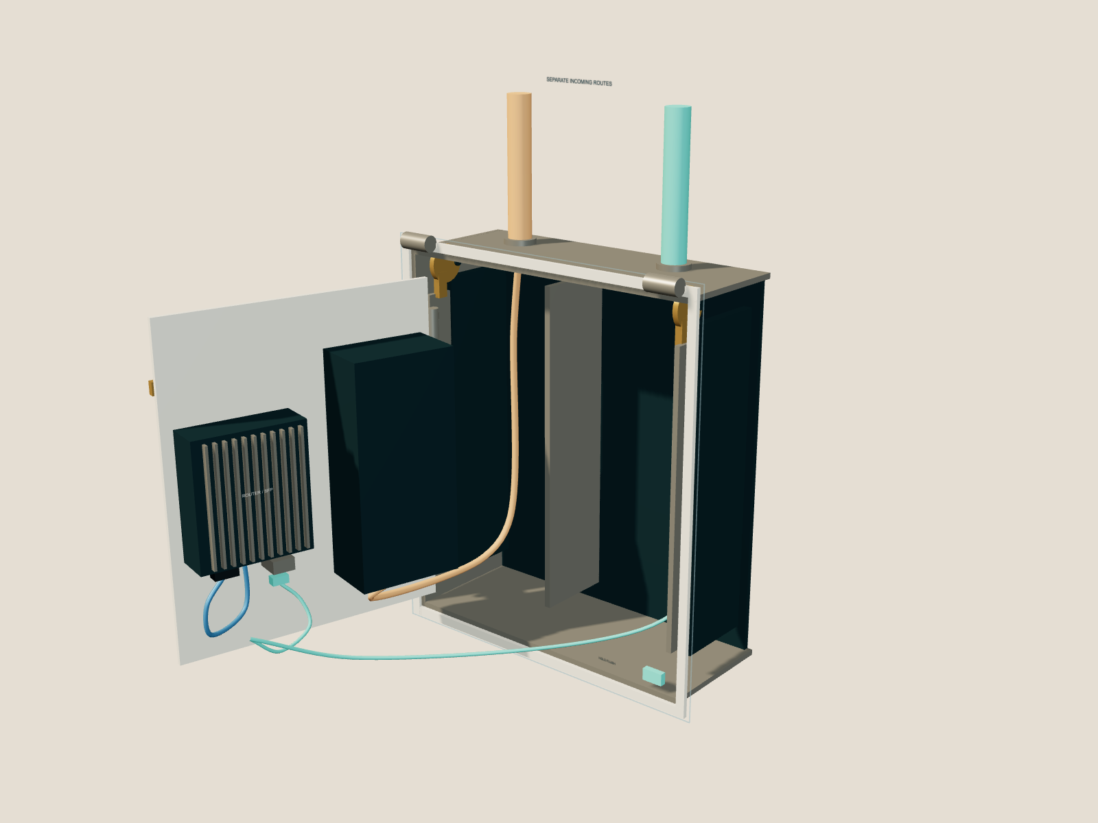 The inner leaf swung out 105 degrees on its left hinge, exposing a finned router cartridge, SFP module, patch lead, cable loops, and the enclosed power pod. The housing side is removed for inspection.