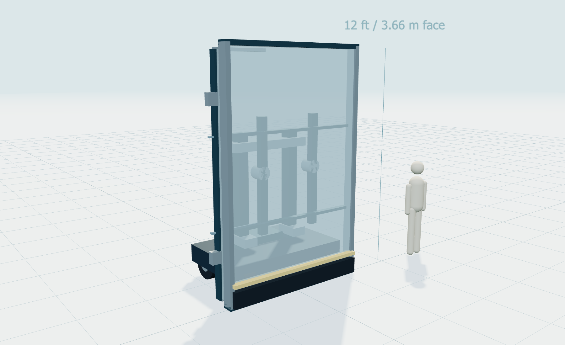 Three-dimensional concept model of a twelve-foot wall face with a wheeled rear base, overlapping side extension and a standing scale mannequin