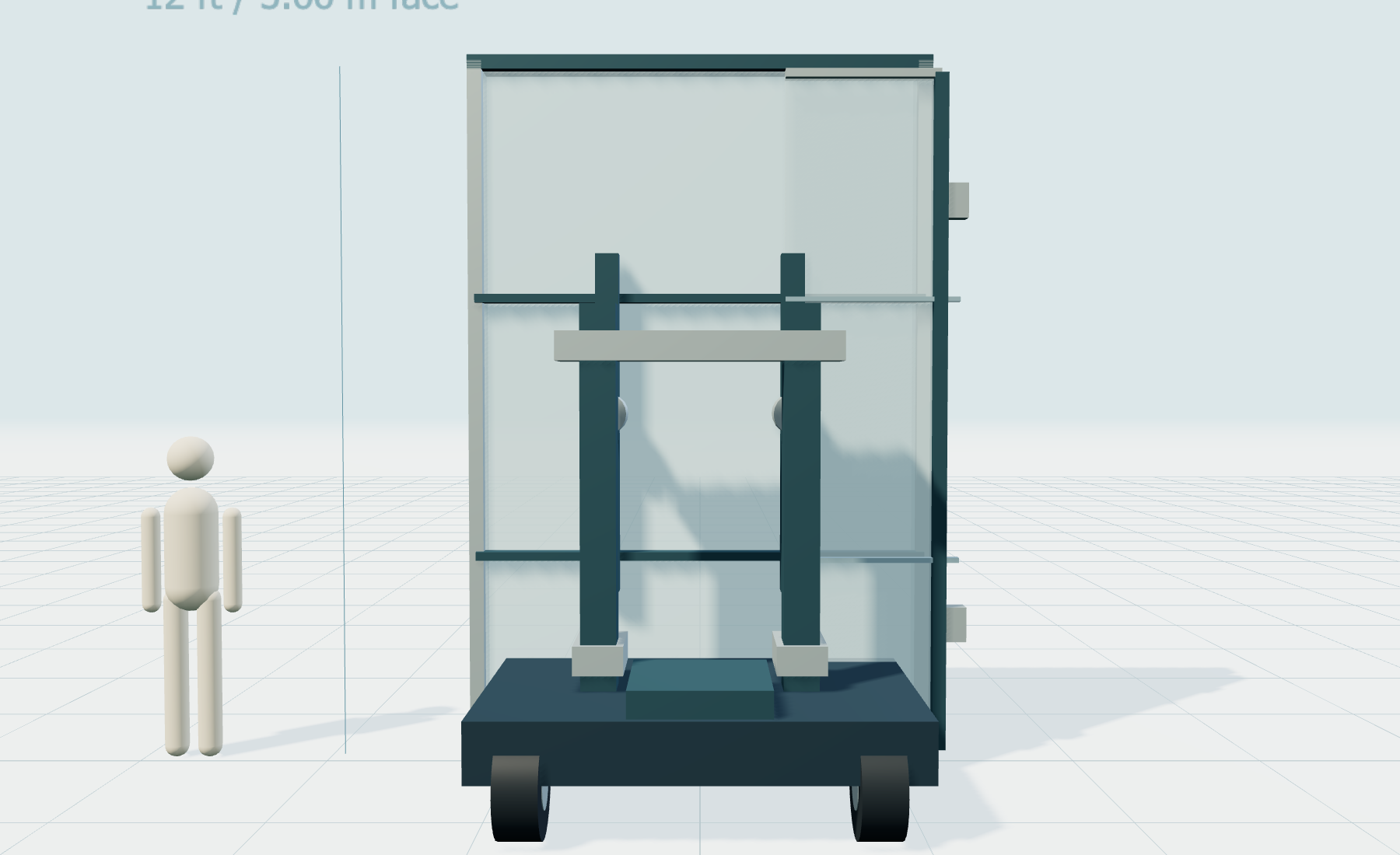 Rear view of the same model showing a wheeled base, support uprights and the back of the adjustable face