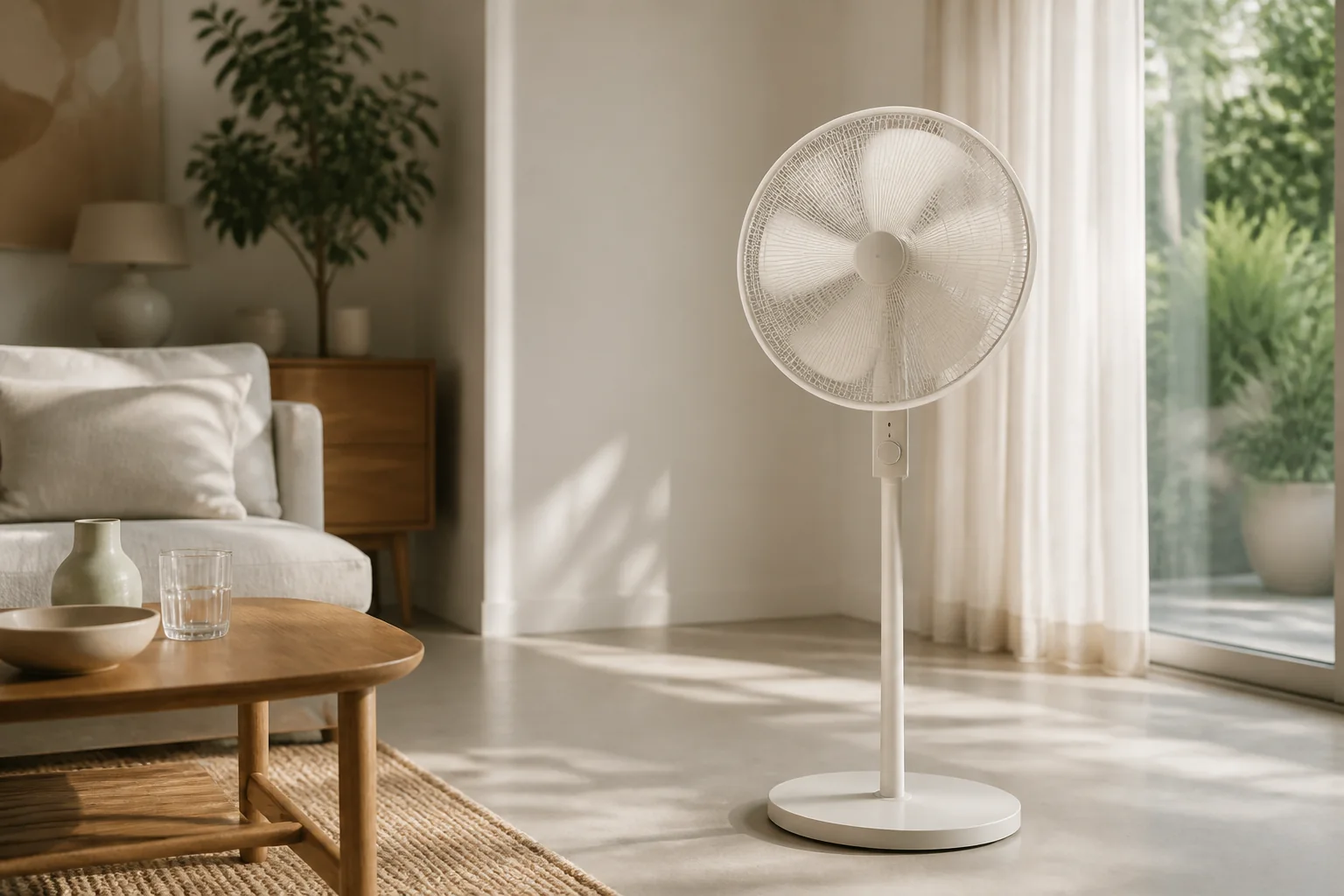 A white pedestal fan in a sunlit living room