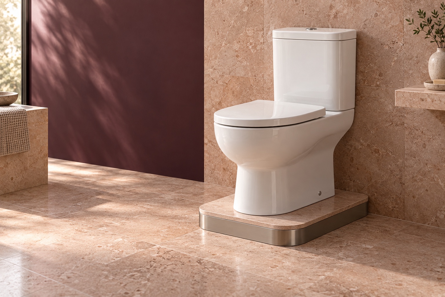 White ceramic toilet on a small raised stone pad with a metal skirt in a rose limestone bathroom