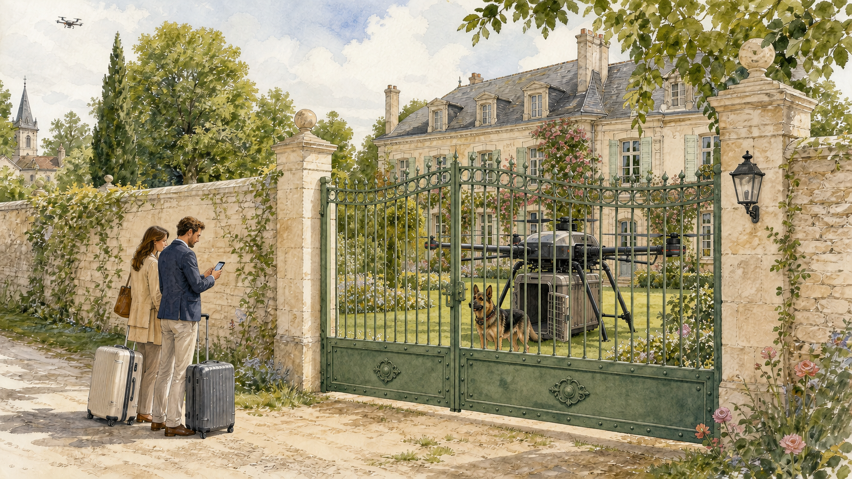 Concept illustration of a cargo drone and transport kennel in a French manor garden, with a dog beside it and travelers outside the gate
