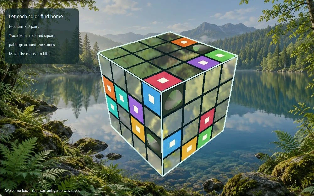 A PlaySuite lake scene with a mirrored glass cube, unfiltered