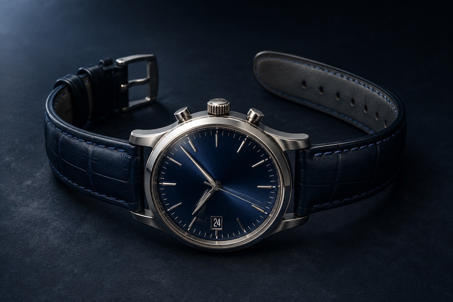 An analog watch with a blue dial, two side pushbuttons and a knurled crown rests on an open dark leather strap.