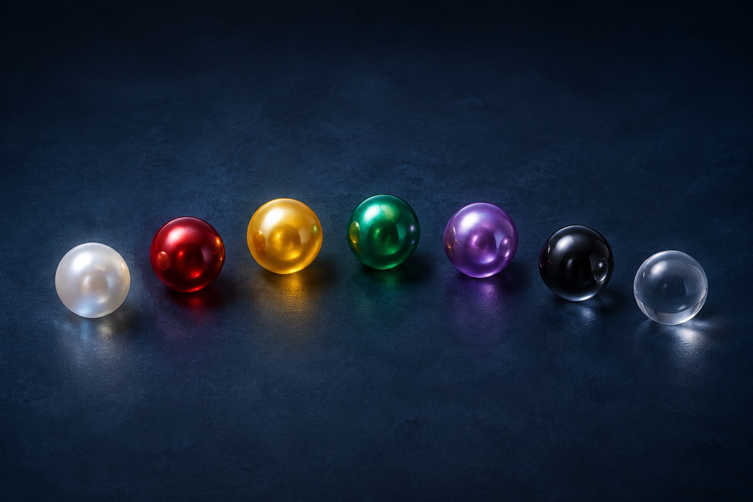 Exactly seven pearls in an arc: white, red, yellow, green, purple, black, and clear, each casting a soft reflection.
