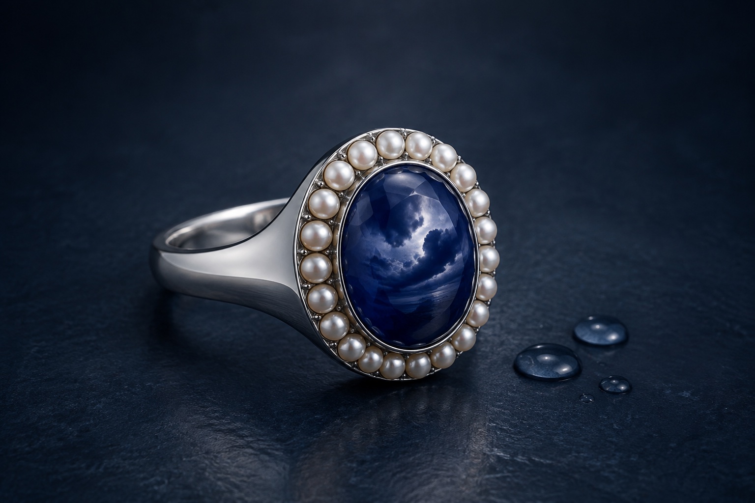 A platinum ring with an oval blue sapphire surrounded by small pearls; clouds gather within the stone.