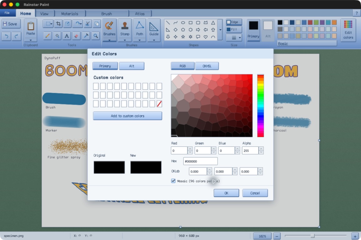 Edit Colors dialog with a tessellated color mosaic and saved swatches
