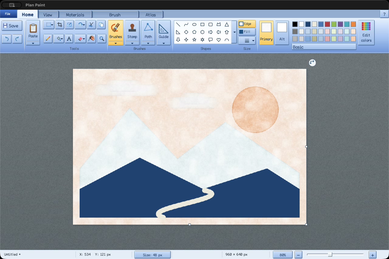 Plan Paint showing a paper-textured mountain landscape with a dark blue foreground and a curved cream river