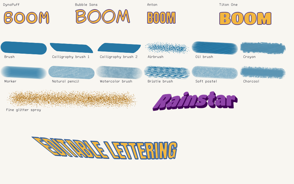 Twelve brush strokes in blue, from a hard round brush to charcoal, under four poster-font BOOMs, with a fine glitter spray and extruded and perspective lettering