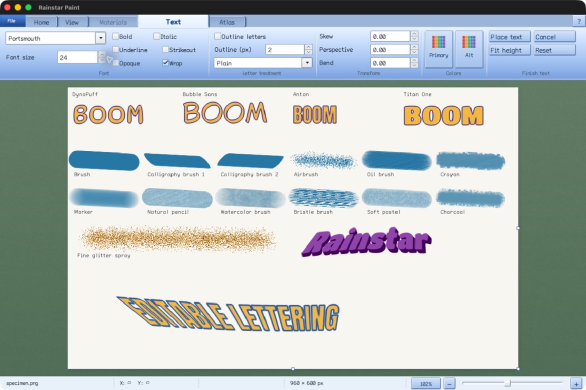 Text ribbon showing font, outline, WordArt, skew, perspective and bend controls