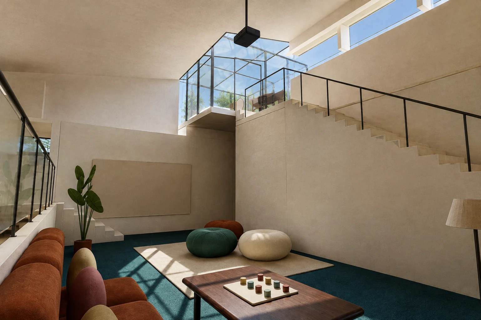 Architectural visualization of the sunken blue-green commons looking toward the grounded stair and occupied glass-roofed tower