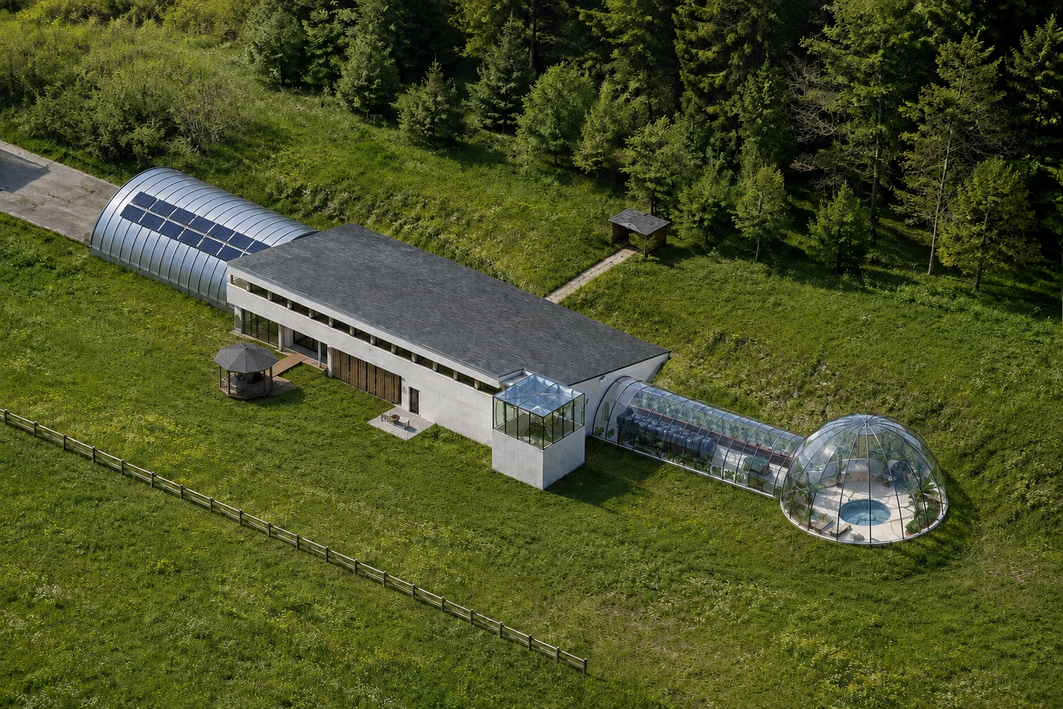 Architectural visualization of the connected property with garage to the west, house and hillock at center, and greenhouse and dome to the east