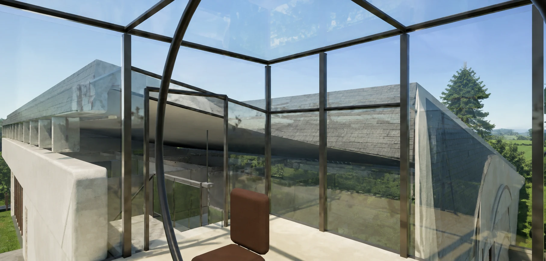 Architectural visualization inside the occupied square tower room with glazed sides and a glass roof